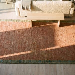 Open Solid Coral Color Field Austrian Art Nouveau Werkstätte Viennese Carpet (SKU 19280) - styled overhead view