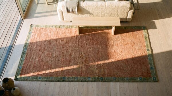 Open solid coral color field austrian art nouveau werkstätte viennese carpet 2 Open solid coral color field austrian art nouveau werkstätte viennese carpet (sku 19280) - styled overhead view