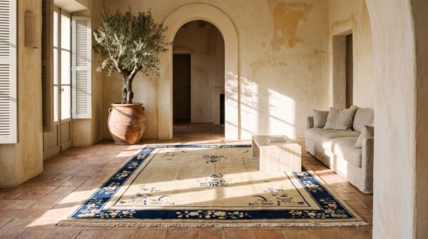 Open solid cream ivory color field antique floral chinese room size peking rug (sku 23114) - room view