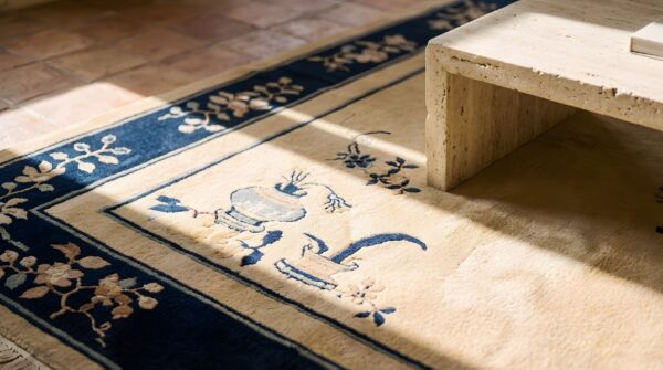 Open solid cream ivory color field antique floral chinese room size peking rug (sku 23114) - in-room detail