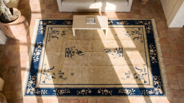 Open solid cream ivory color field antique floral chinese room size peking rug (sku 23114) - styled overhead view