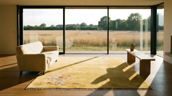 Antique open solid yellow color chinese art deco rug 7 Antique open solid yellow color chinese art deco rug (sku 24589) - room view