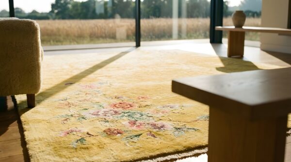 Antique open solid yellow color chinese art deco rug 8 Antique open solid yellow color chinese art deco rug (sku 24589) - in-room detail