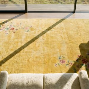 Antique Open Solid Yellow Color Chinese Art Deco Rug (SKU 24589) - styled overhead view