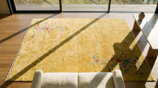 Antique open solid yellow color chinese art deco rug 2 Antique open solid yellow color chinese art deco rug (sku 24589) - styled overhead view