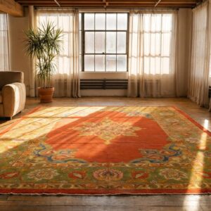 Open Yellow Color Field Antique Indian Amritsar Room Size Medallion Rug (SKU 19968) - room view