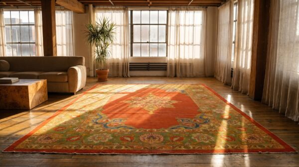 Open yellow color field antique indian amritsar room size medallion rug 7 Open yellow color field antique indian amritsar room size medallion rug (sku 19968) - room view