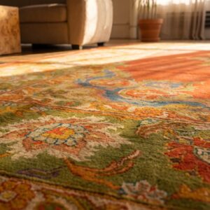 Open Yellow Color Field Antique Indian Amritsar Room Size Medallion Rug (SKU 19968) - in-room detail