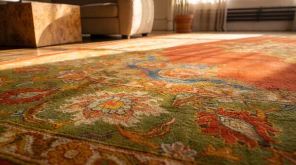 Open yellow color field antique indian amritsar room size medallion rug 8 Open yellow color field antique indian amritsar room size medallion rug (sku 19968) - in-room detail