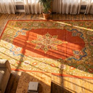 Open Yellow Color Field Antique Indian Amritsar Room Size Medallion Rug (SKU 19968) - styled overhead view