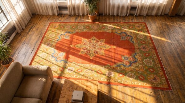 Open yellow color field antique indian amritsar room size medallion rug 2 Open yellow color field antique indian amritsar room size medallion rug (sku 19968) - styled overhead view