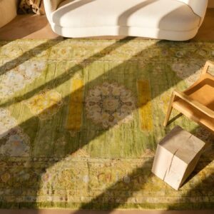 Antique Oushak - Angora Turkish Floral, Medallion Knotted Rug (SKU 24786) - styled overhead view