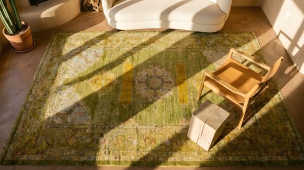 Antique oushak - angora turkish floral, medallion knotted rug 2 Antique oushak - angora turkish floral, medallion knotted rug (sku 24786) - styled overhead view