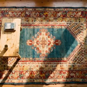 Antique Oushak - Angora Turkish Medallion Knotted Rug (SKU 24781) - styled overhead view