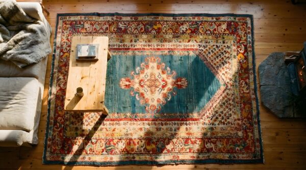 Antique oushak - angora turkish medallion knotted rug 2 Antique oushak - angora turkish medallion knotted rug (sku 24781) - styled overhead view