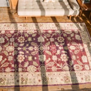 Antique Oushak Hallway Runner Wool Coral Rug (SKU 20789) - styled overhead view