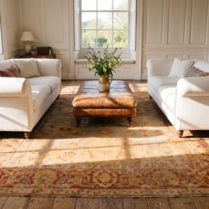 Antique Oushak Turkish Medallion Coral / Salmon / Pink 1880s Rug (SKU 24696) - room view