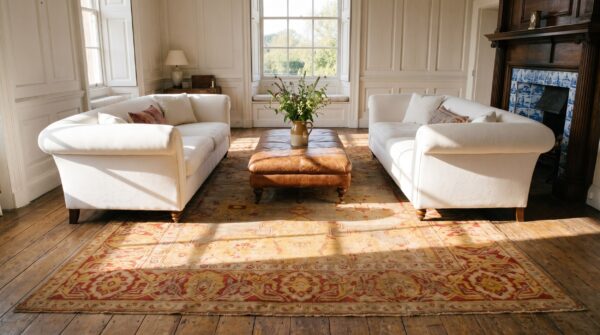 Antique oushak turkish medallion coral / salmon / pink 1880s rug 9 Antique oushak turkish medallion coral / salmon / pink 1880s rug (sku 24696) - room view