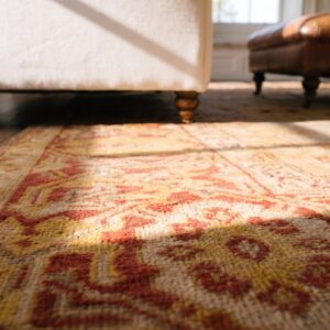 Antique Oushak Turkish Medallion Coral / Salmon / Pink 1880s Rug (SKU 24696) - in-room detail