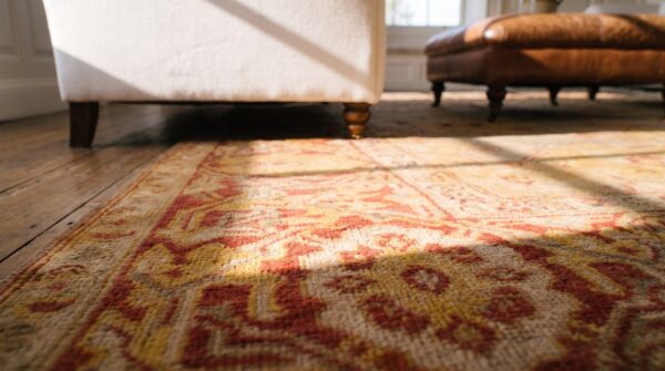 Antique oushak turkish medallion coral / salmon / pink 1880s rug 10 Antique oushak turkish medallion coral / salmon / pink 1880s rug (sku 24696) - in-room detail