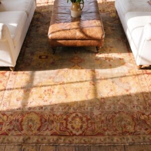 Antique Oushak Turkish Medallion Coral / Salmon / Pink 1880s Rug (SKU 24696) - styled overhead view