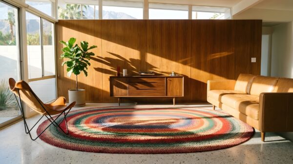 Antique oval wool braided 1930s multicolor jewel tones american usa rug 11 Antique oval wool braided 1930s multicolor jewel tones american usa rug (sku 25183) - room view