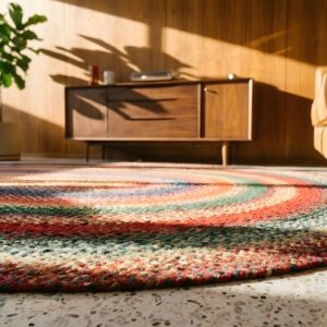 Antique Oval Wool Braided 1930s Multicolor Jewel Tones American USA Rug (SKU 25183) - in-room detail