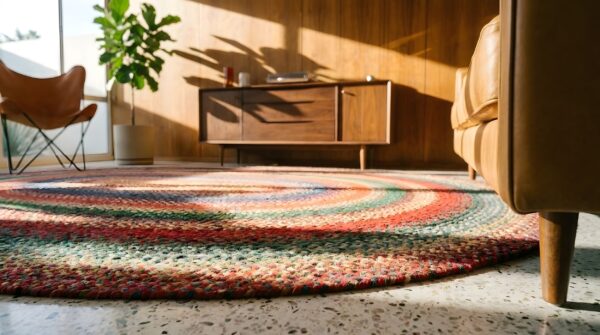 Antique oval wool braided 1930s multicolor jewel tones american usa rug 12 Antique oval wool braided 1930s multicolor jewel tones american usa rug (sku 25183) - in-room detail