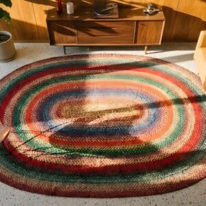 Antique Oval Wool Braided 1930s Multicolor Jewel Tones American USA Rug (SKU 25183) - styled overhead view