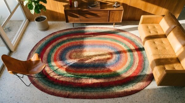 Antique oval wool braided 1930s multicolor jewel tones american usa rug 2 Antique oval wool braided 1930s multicolor jewel tones american usa rug (sku 25183) - styled overhead view