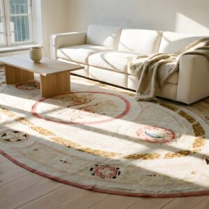 Oval Wool Floral Medallion Antique Ivory Beige Cream White 1880s Hand Knotted Pile Rug (SKU 24775) - room view