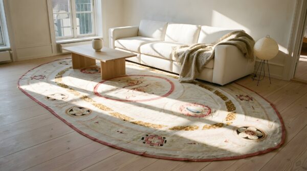 Oval wool floral medallion antique ivory beige cream white 1880s hand knotted pile rug 11 Oval wool floral medallion antique ivory beige cream white 1880s hand knotted pile rug (sku 24775) - room view