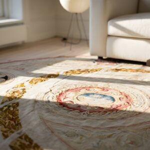 Oval Wool Floral Medallion Antique Ivory Beige Cream White 1880s Hand Knotted Pile Rug (SKU 24775) - in-room detail