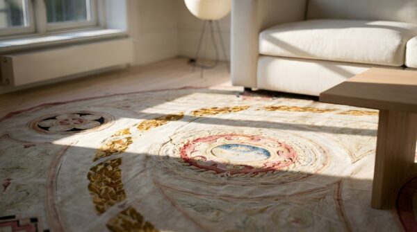 Oval wool floral medallion antique ivory beige cream white 1880s hand knotted pile rug 12 Oval wool floral medallion antique ivory beige cream white 1880s hand knotted pile rug (sku 24775) - in-room detail