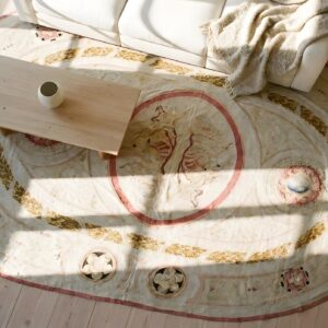 Oval Wool Floral Medallion Antique Ivory Beige Cream White 1880s Hand Knotted Pile Rug (SKU 24775) - styled overhead view