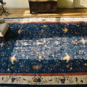 Antique Oversized Art Deco Chinese Allover Floral Knotted Rug (SKU 23684) - styled overhead view