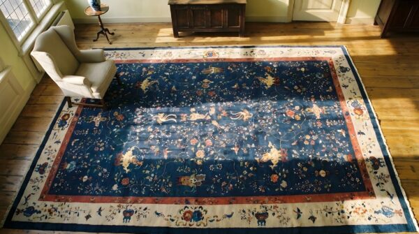 Antique oversized art deco chinese allover floral knotted rug 2 Antique oversized art deco chinese allover floral knotted rug (sku 23684) - styled overhead view