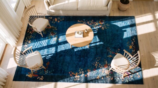 Antique oversized art deco chinese floral knotted rug 2 Antique oversized art deco chinese floral knotted rug (sku 24287) - styled overhead view