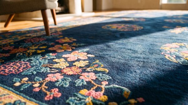 Antique oversized art deco chinese floral, medallion knotted rug 19 Antique oversized art deco chinese floral, medallion knotted rug (sku 24703) - in-room detail