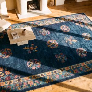 Antique Oversized Art Deco Chinese Floral, Medallion Knotted Rug (SKU 24703) - styled overhead view