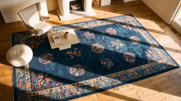 Antique oversized art deco chinese floral, medallion knotted rug 2 Antique oversized art deco chinese floral, medallion knotted rug (sku 24703) - styled overhead view