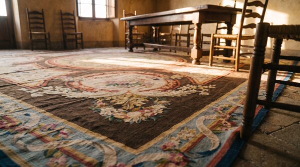 Antique oversized aubusson french knotted rug 8 Antique oversized aubusson french knotted rug (sku 19340) - in-room detail