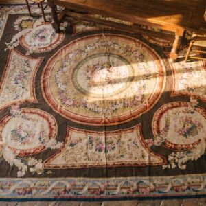 Antique Oversized Aubusson French Knotted Rug (SKU 19340) - styled overhead view