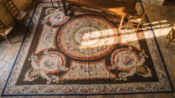 Antique oversized aubusson french knotted rug 2 Antique oversized aubusson french knotted rug (sku 19340) - styled overhead view