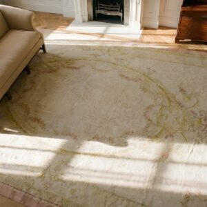 Antique Oversized Aubusson French Medallion Flat Weave Rug (SKU 24945) - styled overhead view