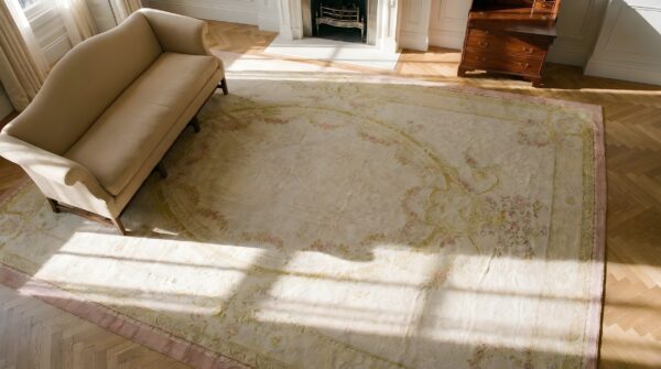 Antique oversized aubusson french medallion flat weave rug 2 Antique oversized aubusson french medallion flat weave rug (sku 24945) - styled overhead view