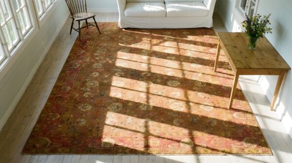 Antique oversized axminster english geometric knotted rug 2 Antique oversized axminster english geometric knotted rug (sku 24898) - styled overhead view