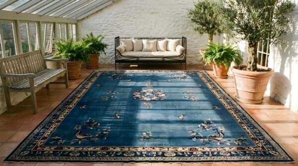 Antique oversized blue color chinese medallion pattern knotted pile rug (sku 23642) - room view
