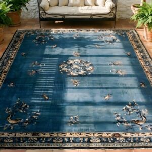 Antique Oversized Blue Color Chinese Medallion Pattern Knotted Pile Rug (SKU 23642) - styled overhead view