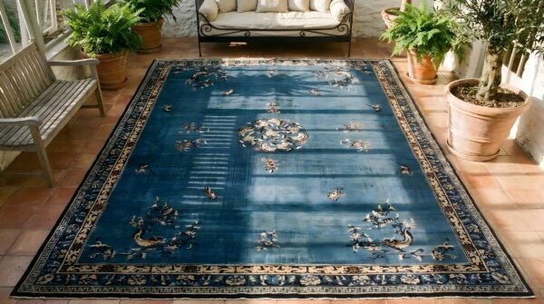 Antique oversized blue color chinese medallion pattern knotted pile rug (sku 23642) - styled overhead view